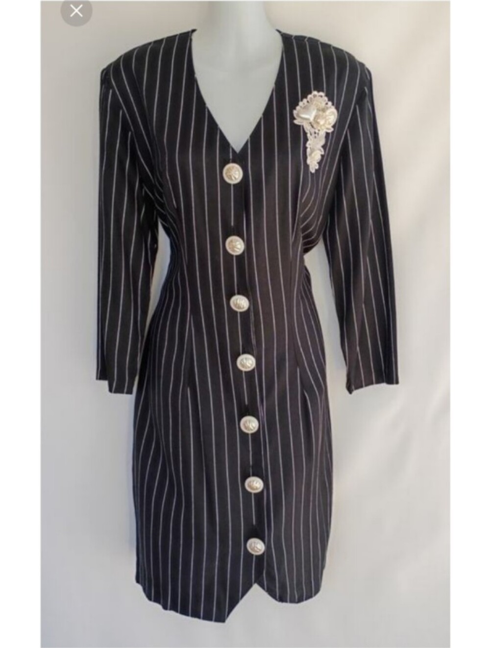 Vtg 80s 90s Young Edwardian Black Pinstriped Button Front Sheath Dress Medium